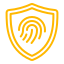 Yellow fingerprint inside a shield, symbolizing security and identification.
