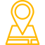 Yellow map icon with a location pin on a folded map.